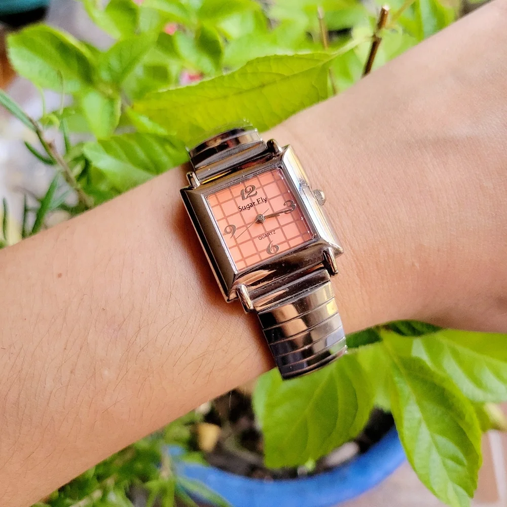 Classic Sugar Fly Quartz Womens Womans Silver & Orange Square Stretch Watch